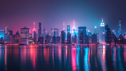 Fototapeta premium Dazzling Nighttime Skyline View of Urban Metropolis With Neon Lighting
