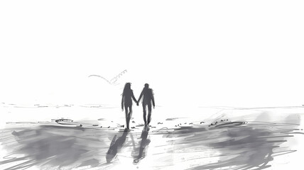 Fototapeta na wymiar Sketch of a Couple Taking a Romantic Stroll on a Beach at Sunset
