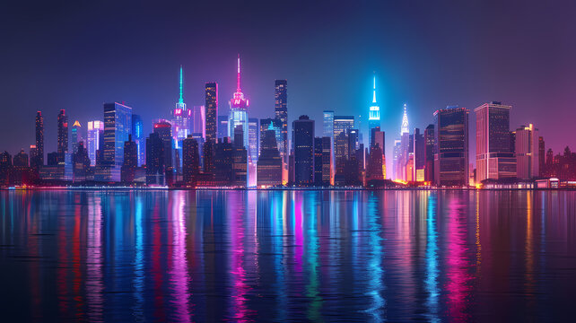 Dazzling Nighttime Skyline View of Urban Metropolis With Neon Lighting
