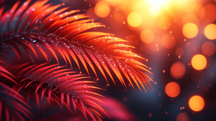 Close-up of red palm leaves with sparkling raindrops, highlighted by a warm, glowing, sunlit background.