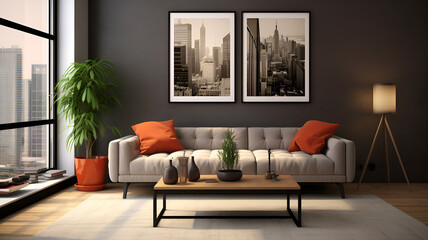 Contemporary Living: Cozy Sofa, Sleek Coffee Table, Stylish Wall Decor, Photographic Style