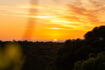scenic view of the sun setting at the beach behind the hills