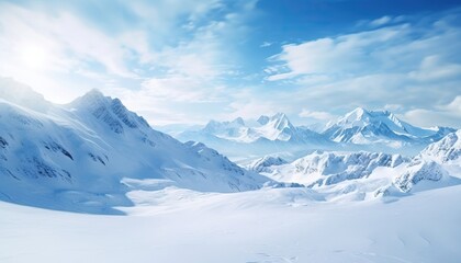 Fototapeta na wymiar Snowy Mountainscape with a clear blue sky (AI generated)