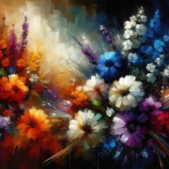 consists of a blend of dark and light hues, creating a dramatic and contrasting backdrop for the flowers