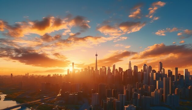 Panorama Sunrise in the City with Skyline - AI generated