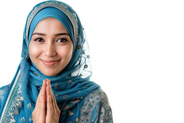 Asian Muslim woman wearing smiling to give greeting during Ramadan and Eid Al Fitr celebration over white background - generative ai