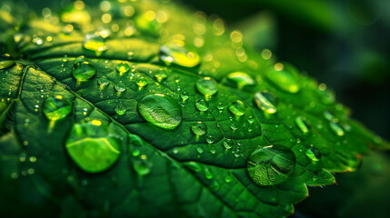 Close-up of raindrops on a vibrant green leaf with a blurred natural background.