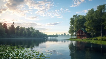 Fototapeta na wymiar Serene Morning at a Lakeside Cabin Surrounded by Lush Greenery Under a Beautiful Sky