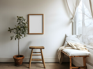 Minimalist Room Featuring an Empty Frame, Serenity in Simplicity.