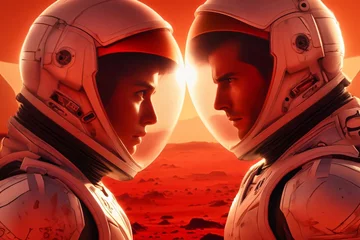 Poster Two astronauts explore a mysterious, red alien landscape © Hanna