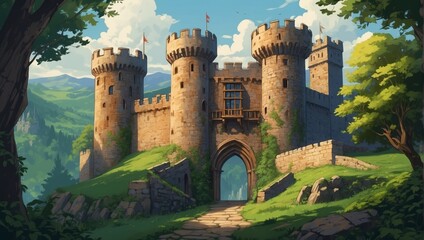 old medieval castle anime style