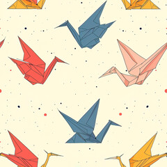 Fototapeta premium Crane birds line art cartoon origami repeat pattern 