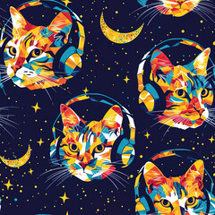 DJ Cat with headset, cats with headphones cartoon pop art repeat pattern, funky line art abstract modern repetitive space psychedelic trippy