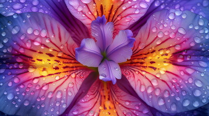 Macro photography of a vibrant iris flower with fresh dewdrops on its colorful petals.