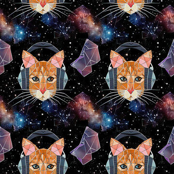 DJ Cat with headset, cats with headphones cartoon pop art repeat pattern, funky line art abstract modern repetitive space psychedelic trippy