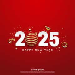 Happy new 2025 year with realistic ball on square background.
