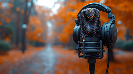 microphone and headphones with podcast cover image