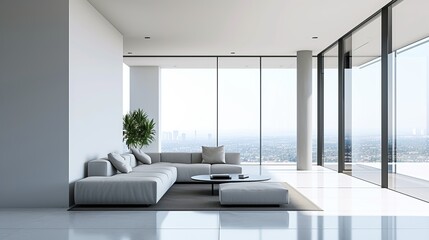 Modern Minimalist Living Room with Panoramic City View, White Interior Decor, and Natural Light