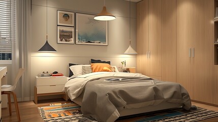 Cozy Modern Bedroom with Queen-Size Bed, Stylish Furniture, Decorative Wall Art, and Warm Lighting