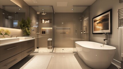 Fototapeta na wymiar Luxurious Modern Bathroom with Glass Shower, Double Vanity Sink, and Freestanding Bathtub