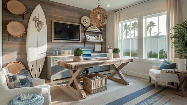 Coastal-Themed Living Room with Surfboard, Wooden Table, White Armchairs, and Natural Light