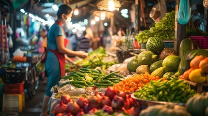 Bustling Night Market with Fresh Vegetables and Fruits Displayed under Warm Lighting, Shopper in Foreground