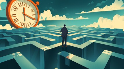 Businessman Contemplating Complex Maze Under Time Pressure, Symbolizing Business Strategy and Decision Making