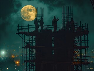 An engineer is doing construction work at night with the full moon lighting up the construction site.