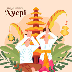 Nyepi Bali's day of silence illustration with two people praying - obrazy, fototapety, plakaty