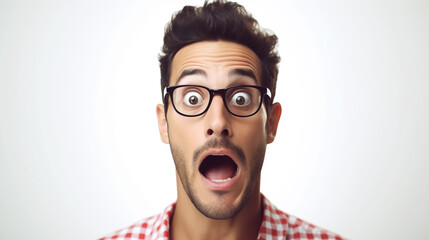 The face of a man wearing glasses shows a shocked expression. White background.