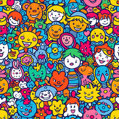Obraz na płótnie Canvas Children colorful doodles repeat pattern, kids cartoon collage, childish, repetitive 