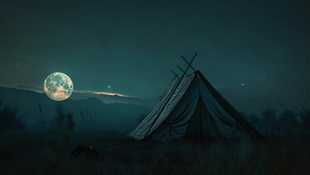 Old tent in the field at night with full moon and stars.