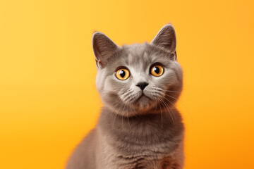 Obraz premium Grey American Shorthair cat on light orange color background. Generative AI