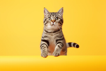Striped American Shorthair cat on light orange color background. Generative AI