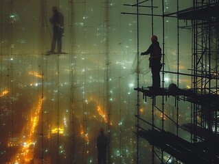 An engineer is doing construction work at night with the full moon lighting up the construction site.