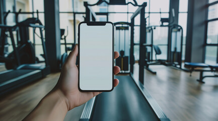 Cell Phone with blank screen, in hand by the gym with exercise equipment environment furnishings. For fitness apps and websites marketing and advertising presentation