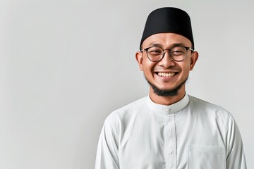 Asian Muslim man wearing glasses smiling to give greeting during Ramadan and Eid Al Fitr celebration over white background, realistic, HD, copy space - generative ai - obrazy, fototapety, plakaty