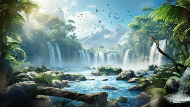 Animation natural waterfalls and rivers in the middle of green forests seamless 4k video background. generated with ai	