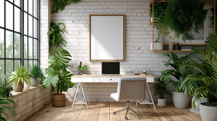 A minimalist home office setup with a sleek white desk, laptop, and an array of green plants, under a framed poster, in a room with abundant natural light.