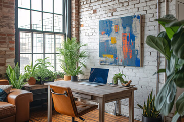 An industrial-chic home office space with a rustic wooden desk, laptop, and a diverse collection of...