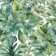 seamless pattern of tropical soft paster green leaves in water color