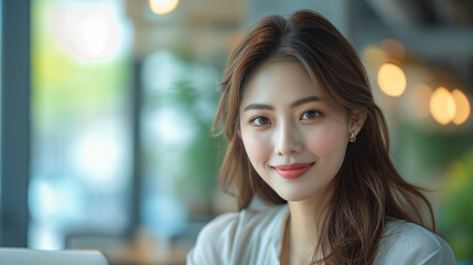 Fototapeta premium A poised young Asian businesswoman with a warm smile, engaged in her work against a blurred office background.