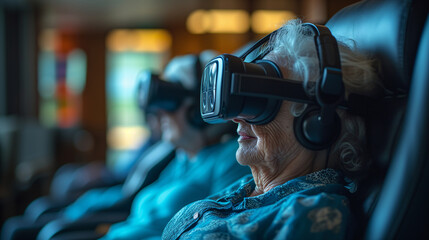 An elderly couple sits side by side, each wearing a VR headset, engaged in a shared virtual adventure from the comfort of their seats.