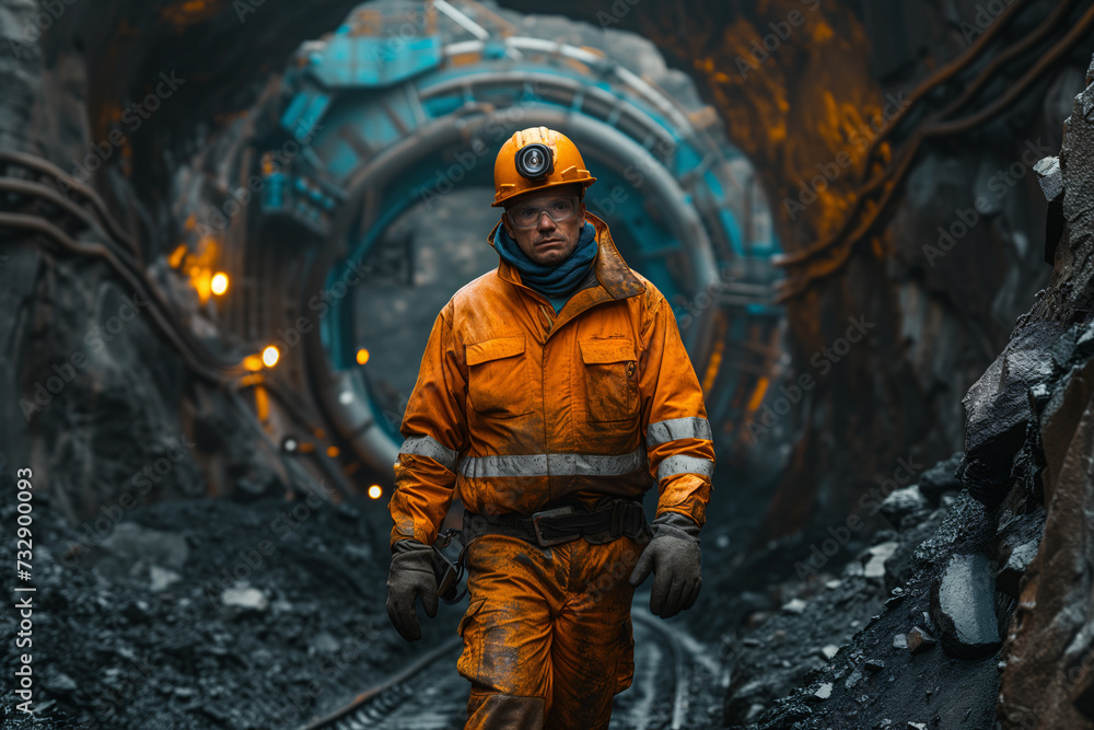 Poster a vigilant mining foreman inspects the progress within the atmospheric confines of a tunnel construc