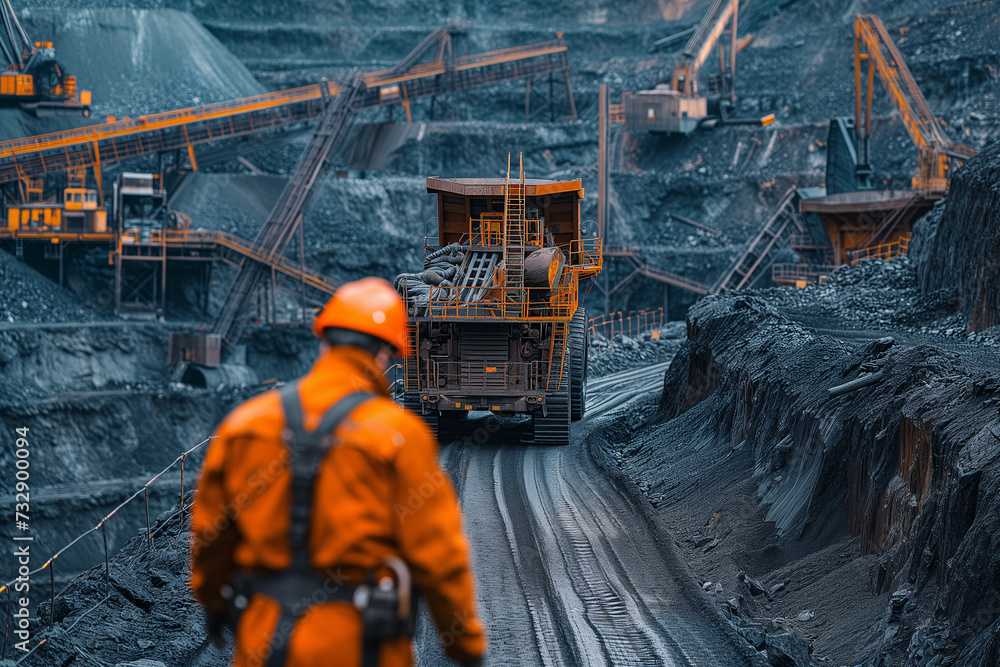 Poster a miner observes the extensive operations of an open-pit mine, coordinating with machinery and worke