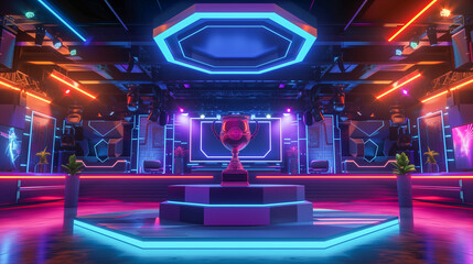 Neon-lit esports arena with a shining trophy center stage. Cyber gaming tournament hall with a champion's cup.