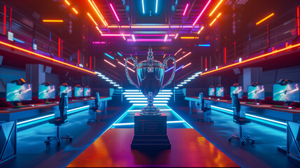 Neon-lit esports arena with a shining trophy center stage. Cyber gaming tournament hall with a champion's cup. - obrazy, fototapety, plakaty