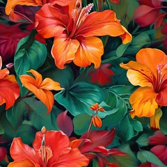 seamless pattern of tropical colorful flowers in oil paint color