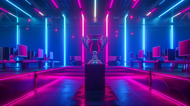 Neon-lit esports arena with a shining trophy center stage. Cyber gaming tournament hall with a champion's cup.