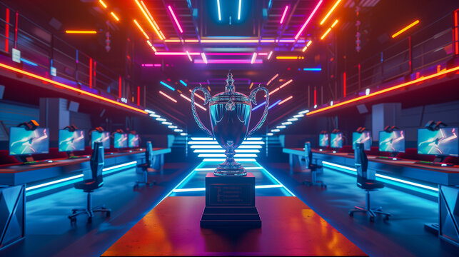 Neon-lit esports arena with a shining trophy center stage. Cyber gaming tournament hall with a champion's cup.